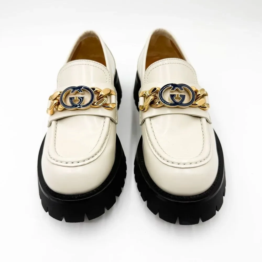 Gucci Jeanne GG Chain Lug Sole White Leather Platform Loafers EU 38 US 8